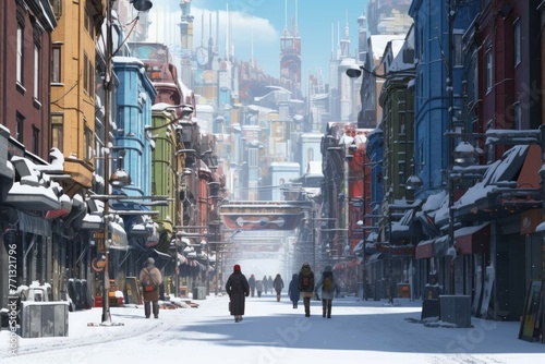 Snow-covered street with people and colorful buildings.
