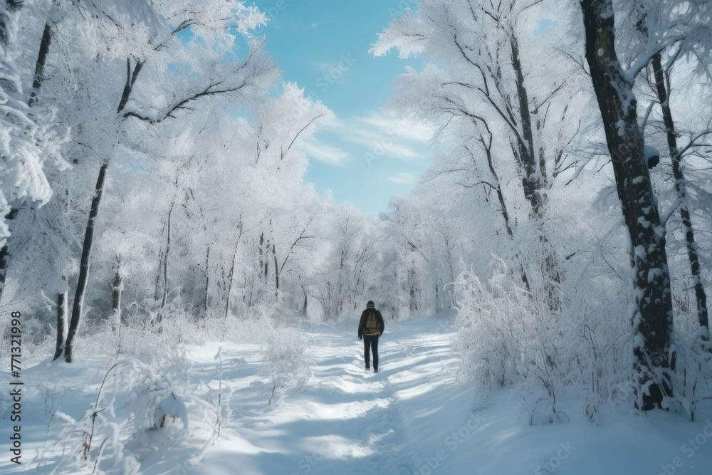 Walking on a snow-covered trail with trees and a blue sky.