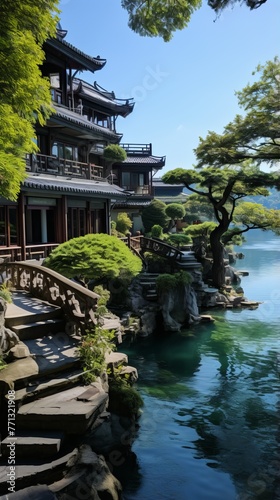 Oriental lake house with lush garden