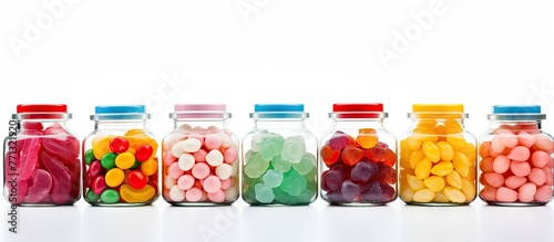 Assorted colorful candies are displayed in multiple jars on a clean white surface, showcasing a variety of sweet treats photo