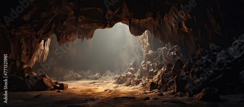 Within a darkened cave, a f...