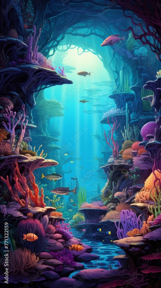 Fototapeta premium Mystical Underwater World with Bioluminescent Jellyfish and Tropical Fish