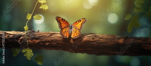 A detailed close up of a butterfly resting on a tree branch surrounded by lush green leaves, alongside a decorative wooden butterfly hanging from the tree photo
