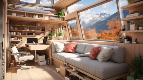A cozy living space with a large window looking out onto a beautiful mountain landscape.