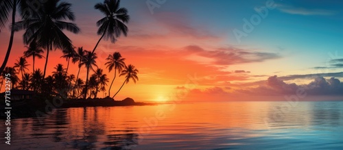 The sun sets over the ocean, casting a golden glow on the sandy beach lined with swaying palm trees and a small boat in the distance