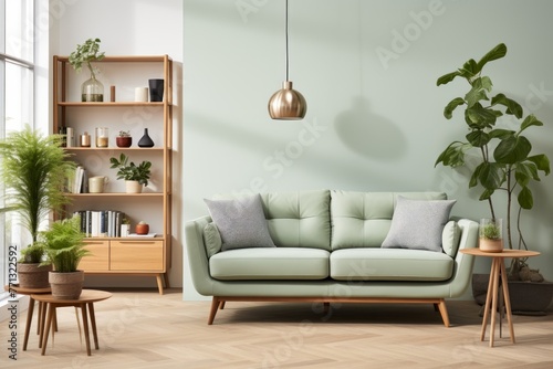 A living room with a green sofa, plants, and a bookshelf © Molostock
