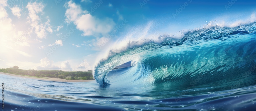 Crest of a wave breaking in the vast ocean under a clear blue sky on a bright sunny day during summer