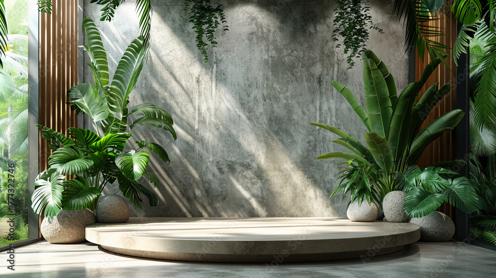Contemporary White Podium Stage Rack front view focus with Green Stone and Tropical Monstera Leaves Background, ideal for beauty perfect, very realistic