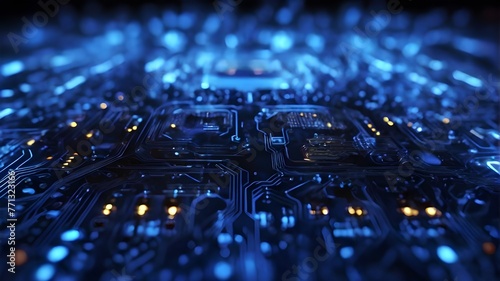 Technology circuit board background illuminated by blue light. Generated AI