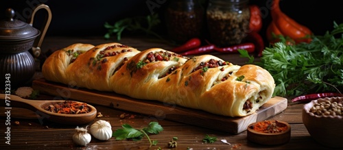 Freshly baked bread lies on...