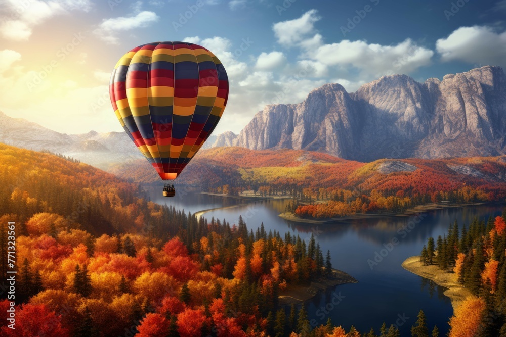 Hot air balloon over autumn landscape