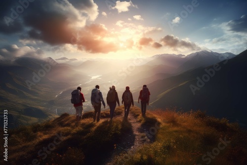 Group of friends hiking up a scenic mountain trail #771323733
