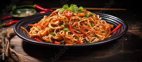 A close up of a plate of noodles with meat and vegetables, showcasing Schezwan Veg Noodles, a popular Indo-Chinese dish made with noodles, vegetables, and Schezwan sauce on a rustic wooden background