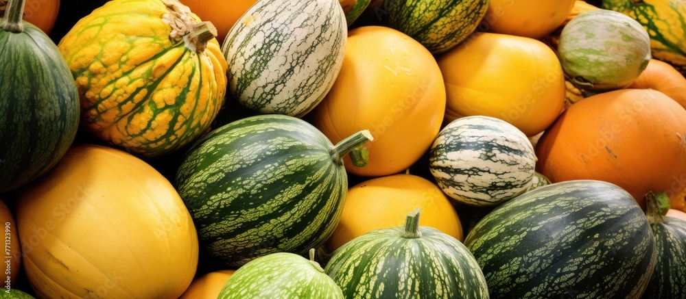 A close-up view of a variety of different types of squash, including pumpkins and zucchinis, piled together in a colorful display