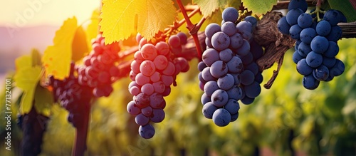 Clusters of ripe grapes hanging from green vines in a tranquil vineyard setting early in the morning