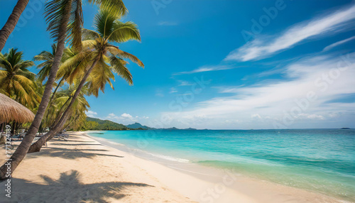A sandy tropical beach adorned with palm trees and overlooking the ocean. The scene features a serene tropical beach with blue waters, sun shades © luis
