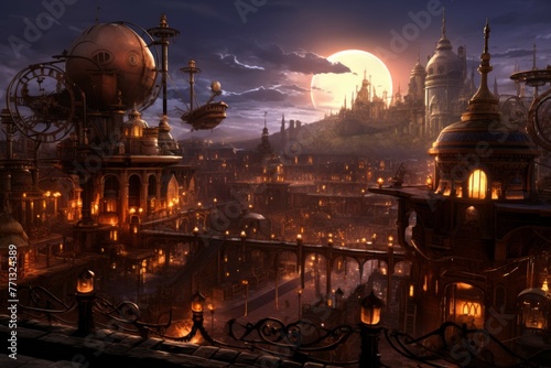 Steampunk cityscape at dusk with clockwork buildings and airships.