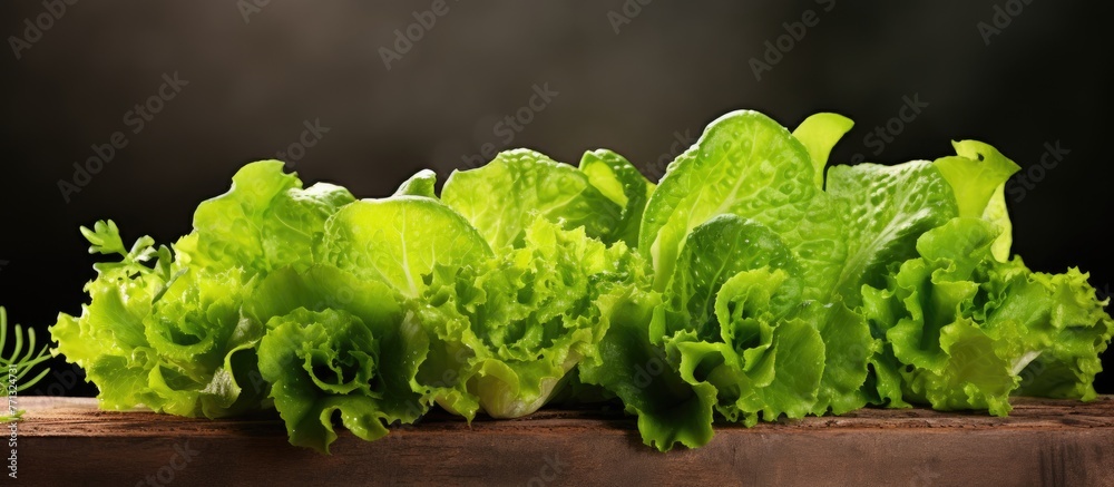 Fresh green lettuce leaves piled on a rustic wooden table surface, presenting a natural and healthy image for salad preparation Fresh green lettuce leaves piled on a rustic wooden table surface, presenting a natural and healthy image for salad preparation