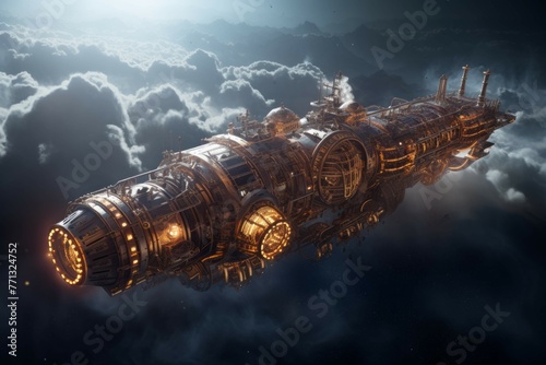 Steampunk spaceship with steam-powered engineering, gears, pipes, astronauts, cosmos, nebulae, distant planets.