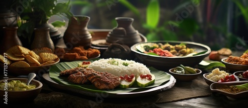 A variety of plates filled with delicious food items placed next to bowls of traditional Sundanese village specialties on a wooden table photo