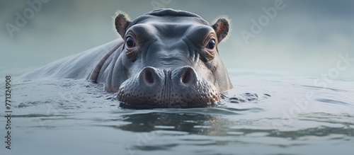 A wild hippopotamus swimming in the water with its head above the surface, displaying its massive body and powerful movements