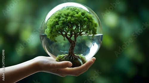 Human hand holding glass ball with tree inside, Environment conservation concept. Generative AI