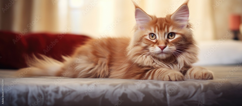 Large red Maine Coon cat peacefully lying on a comfortable bed with a soft pillow