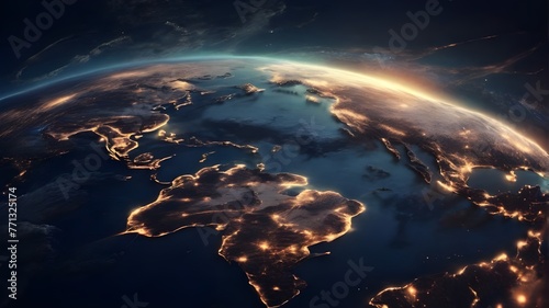 shot from the ISS capturing city lights from continents below, gleaming against the dark canvas. Generated AI