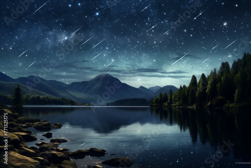 Meteor shower over a serene lake, with shooting stars reflecting in the calm waters, surrounded by a peaceful landscape.