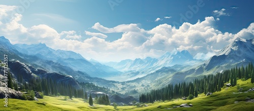 Scenic view of a lush green valley with towering mountains and dense trees under the warmth of sunlight