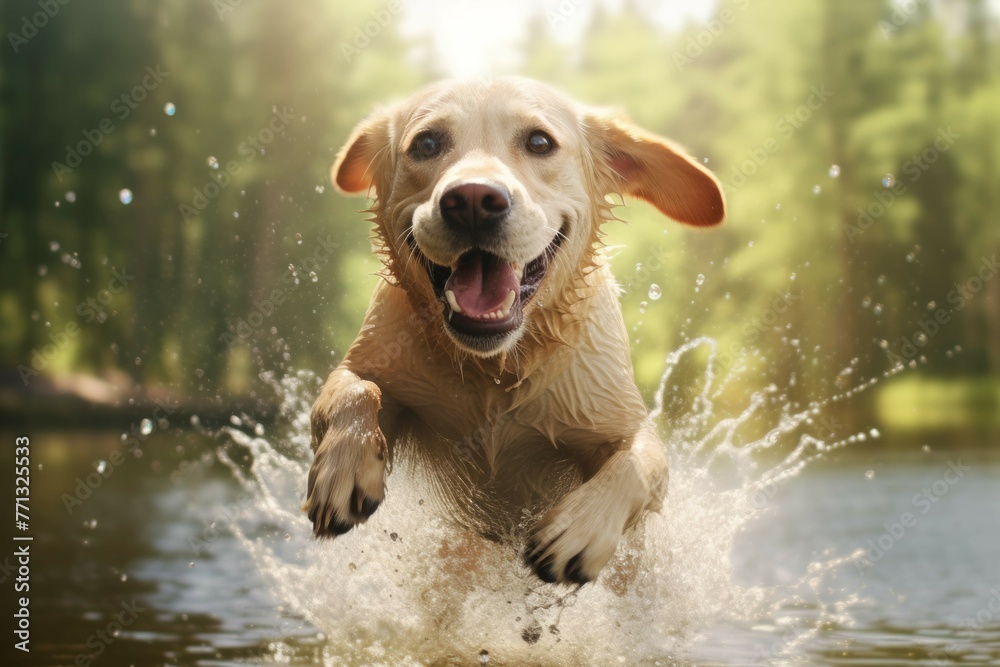 Joyful labrador retriever jumping into a lake Joyful labrador retriever jumping into a lake