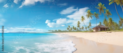 Scenic tropical beach with a charming hut and lush palm trees, basking under the warm sunlight