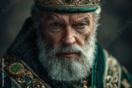 Portrait of a man in elaborate Saint Patrick's Day regalia, embodying the holiday's spirit with intricate costume details and a majestic demeanor.
