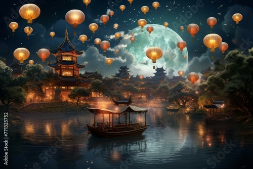 Traditional Chinese lantern festival with glowing lanterns and a serene lake.