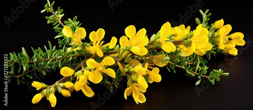 Branch of vetch-like coronilla with yellow flowers, known as Hippocrepis emerus subsp emeroides, set against a dark black background photo