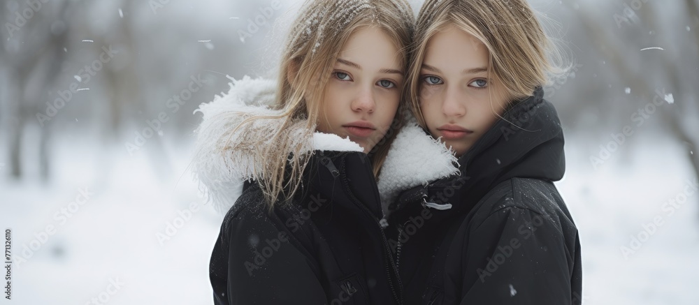 Obraz premium Two women are standing in the snow, their faces covered, wearing warm clothing to protect from the cold winter weather in a serene park setting