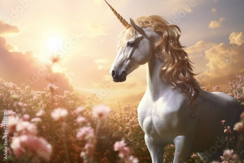 Majestic unicorn with golden horn in field of blooming flowers.