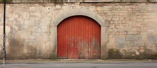 Vintage doorway leading to an old warehouse, featuring a striking red door against a weathered brick wall in Poole, Dorset