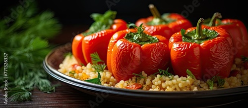 Delicious red peppers that have been stuffed with couscous arranged on a white plate, creating a visually appetizing meal