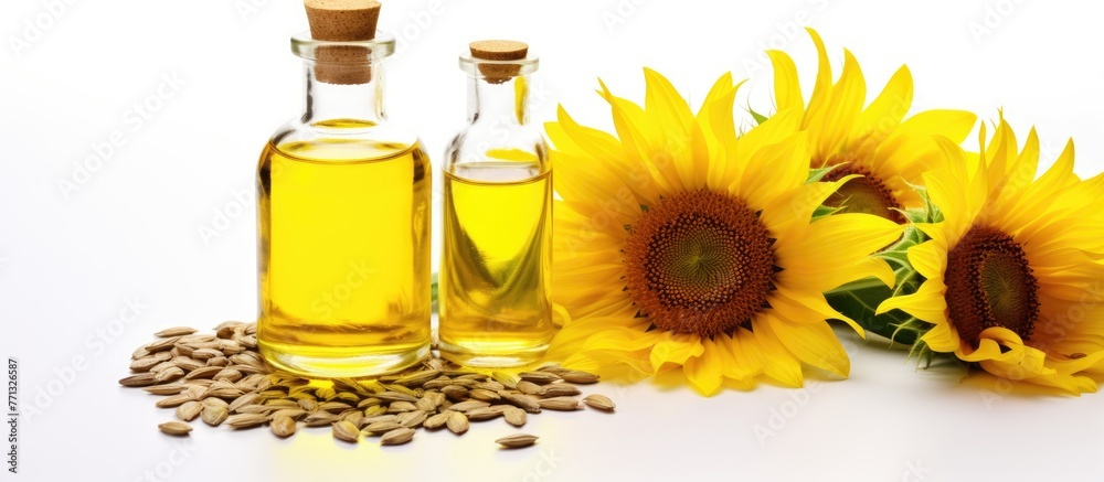A detailed view of vibrant sunflowers arranged with a bottle of golden sunflower oil on a rustic wooden table A detailed view of vibrant sunflowers arranged with a bottle of golden sunflower oil on a rustic wooden table