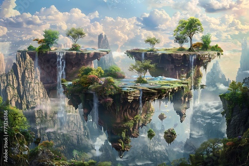 : A surreal, whimsical landscape of floating islands, with cascading waterfalls and vibrant, otherworldly flora and fauna
