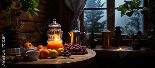 A cozy table setup features a glowing candle, assorted fruits, and a stylish pitcher photo