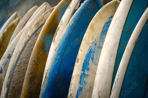 white and blue surfboards in line in the style of gol 41603167-3231-4be2-9ea4-74af6fda57a5 3