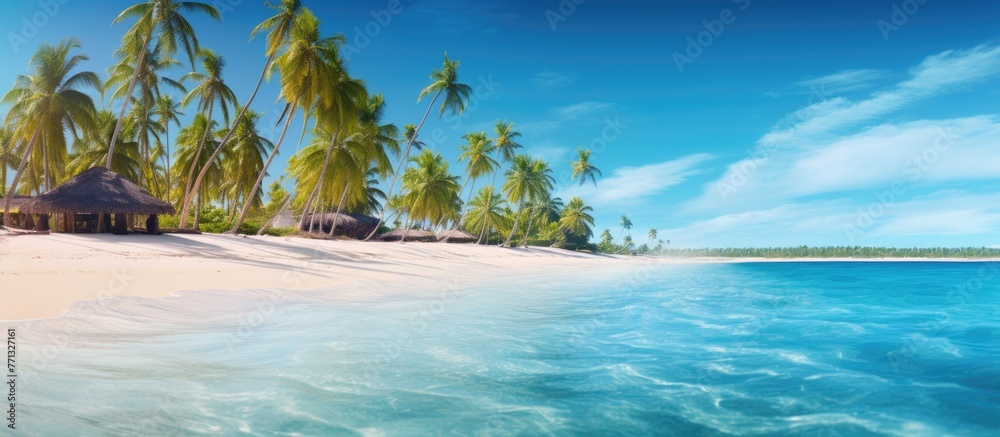 A serene view of a tropical beach in Punta Cana with palm trees swaying gently and a cozy hut on the shore