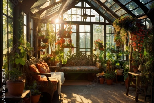 Whimsical cottage greenhouse with potted plants and seating area