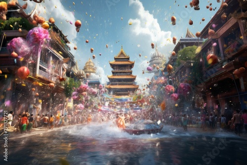 Vibrant Thai Songkran water festival with joyful water splashing and cleansing symbolism.