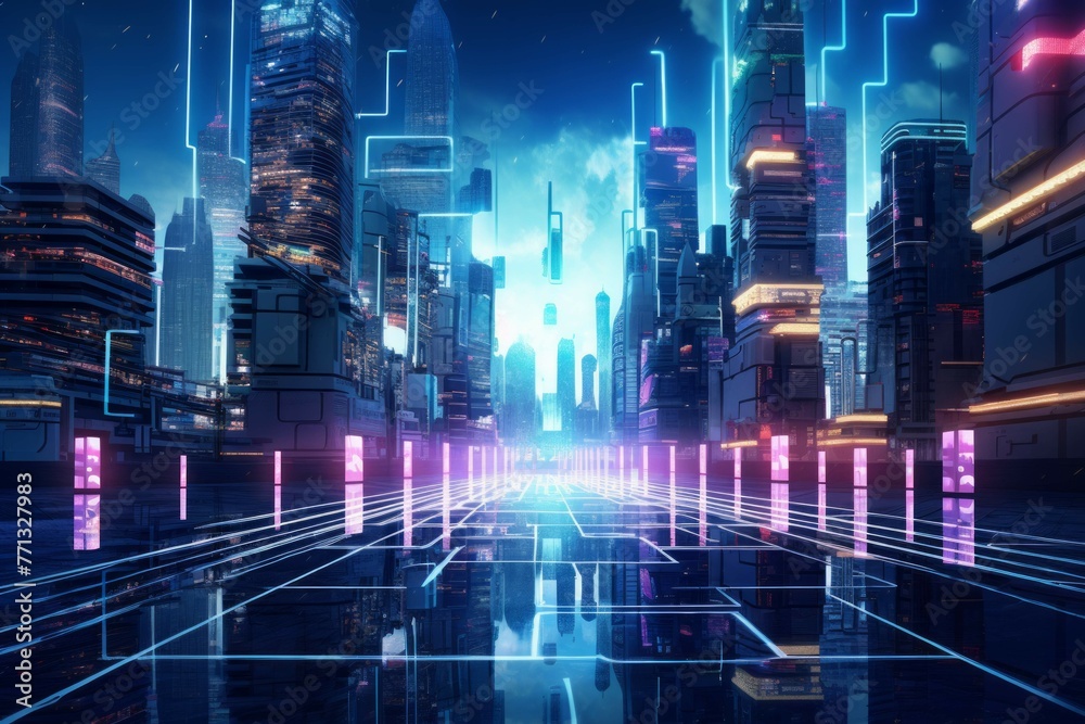 Futuristic blockchain cityscape with neon lights and floating cryptocurrency symbols.