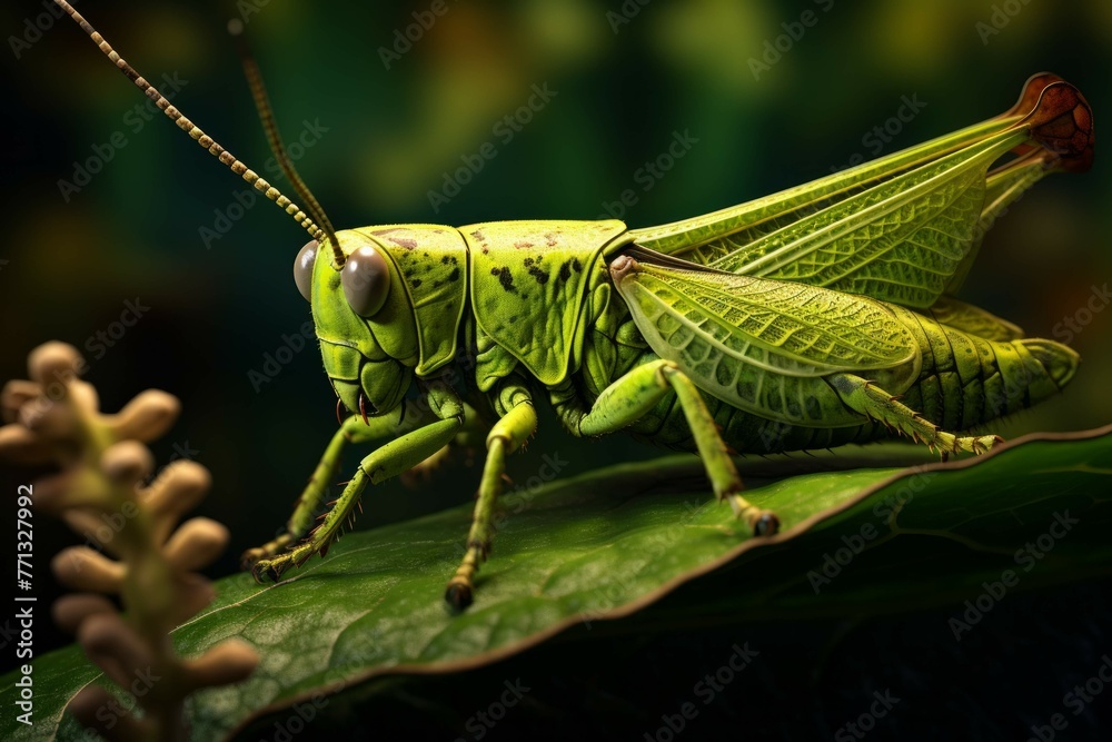 Close-up of a grasshopper resting on a textured leaf. Close-up of a grasshopper resting on a textured leaf.