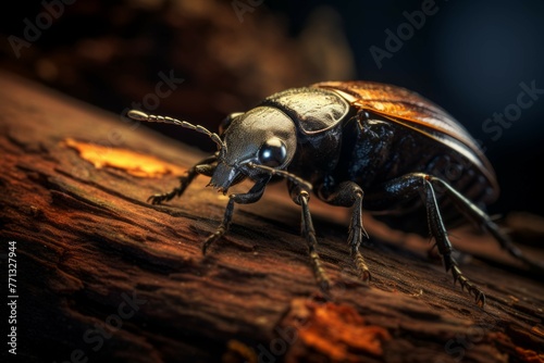 Macro shot of a beetle crawling on a textured tree bark. © Michael Böhm