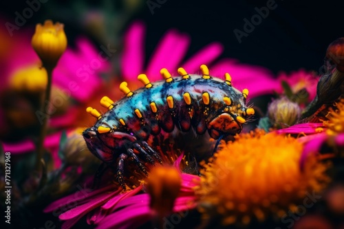 Macro shot of a caterpillar crawling on a vibrant flower.